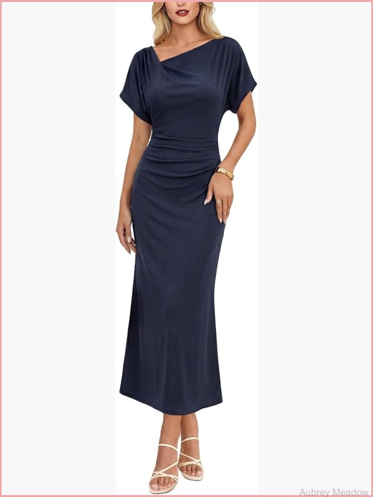 Elegant Asymmetrical Ruched Cocktail Dress With Batwing Sleeves